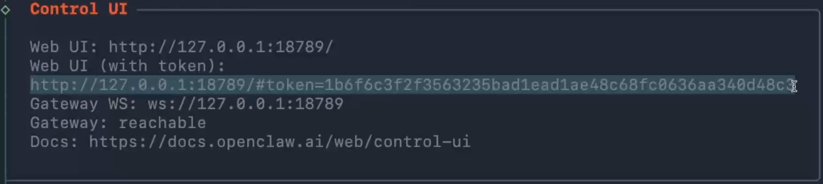 Control UI 접속 링크를 보여주는 스크린샷